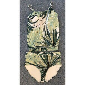 Swim by Cacique 2 Piece Bathing Suit Swim Tankini Green White Tropical Size 18
